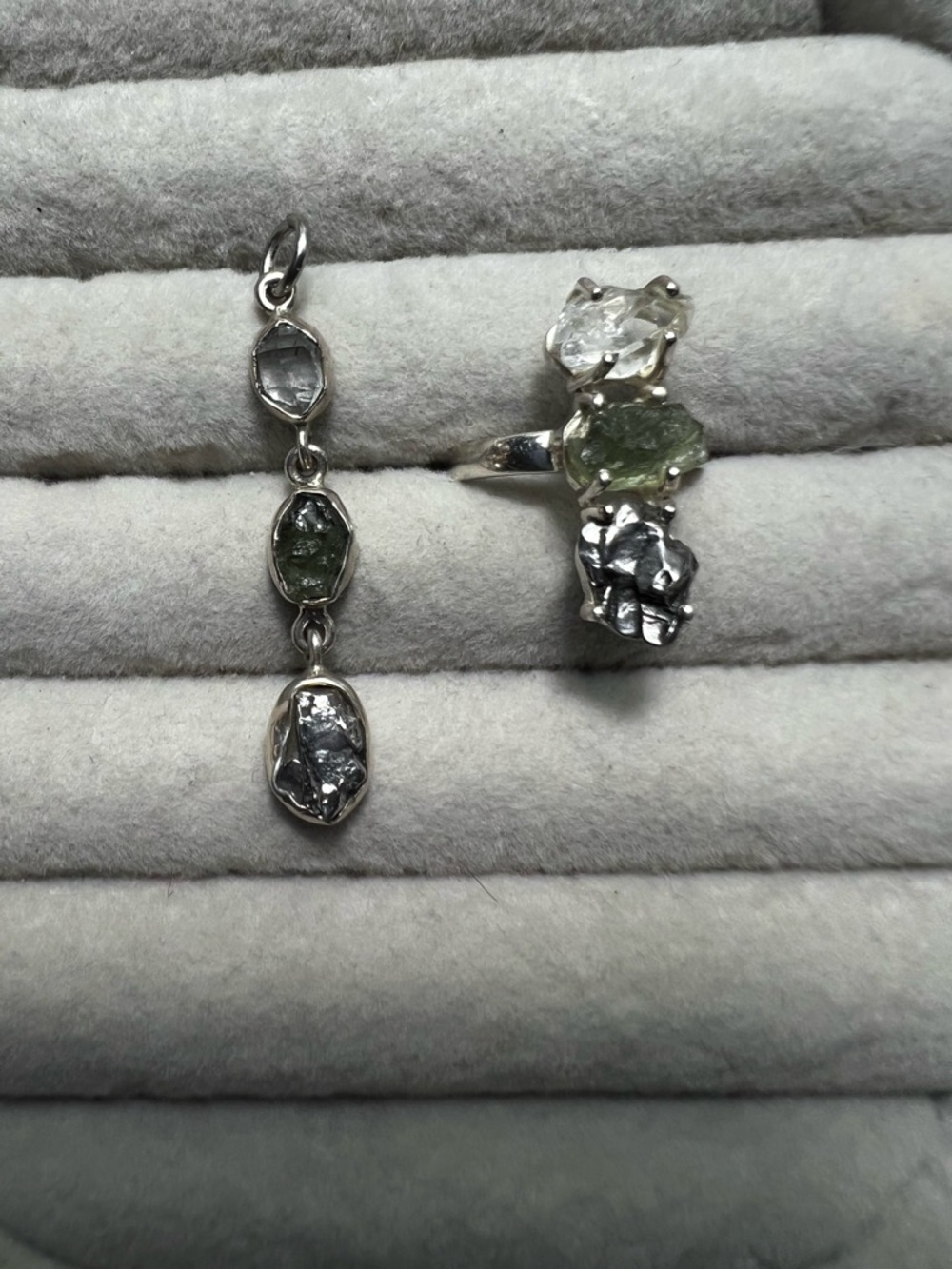 Sterling Silver Herkimer, Moldavite, and Meteorite Gem Drop and Ring Set